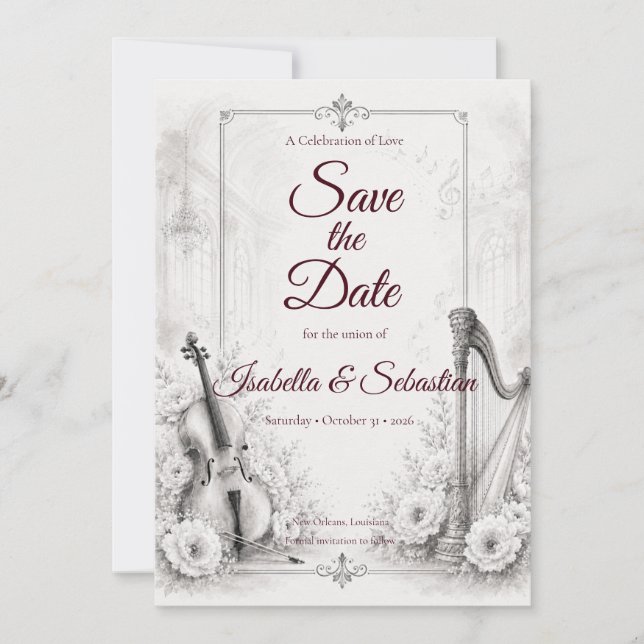 Save The Date Mariage Musical Élégant Monochrome (Devant)