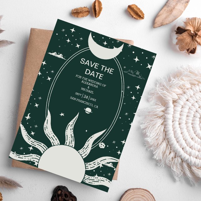 Save The Date Mariage mystique argent et vert Soleil Lune (Créateur téléchargé)