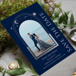 Save The Date Mariage mystique Bleu Argent Sun Moon Stars