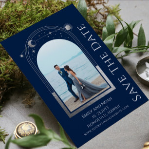 Save The Date Mariage mystique Bleu Argent Sun Moon Stars