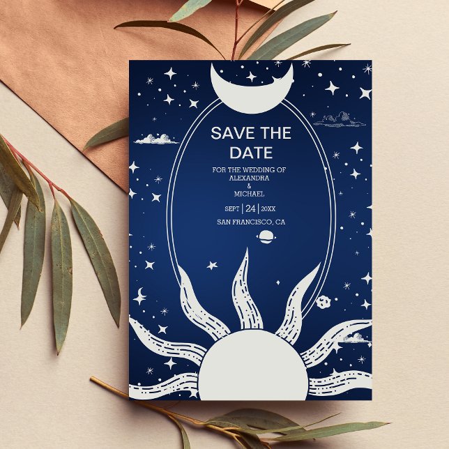 Save The Date Mariage Mystique Bleu et Argent Soleil Lune (Créateur téléchargé)