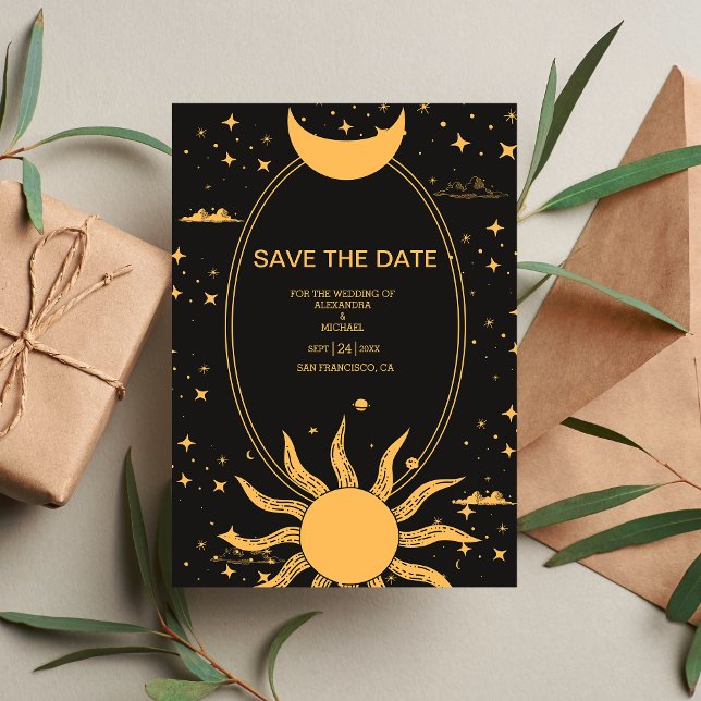 Save The Date Mariage mystique de la Lune de Soleil Noir et Or (Créateur téléchargé)