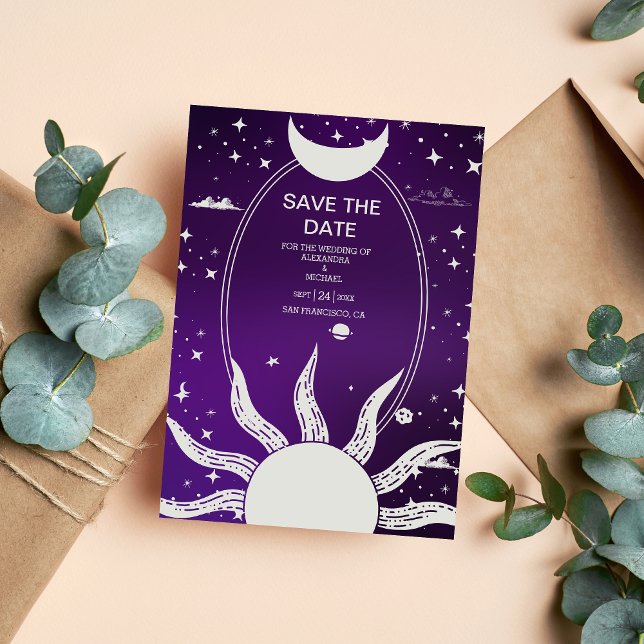 Save The Date Mariage mystique de la lune de soleil violet et d' (Créateur téléchargé)