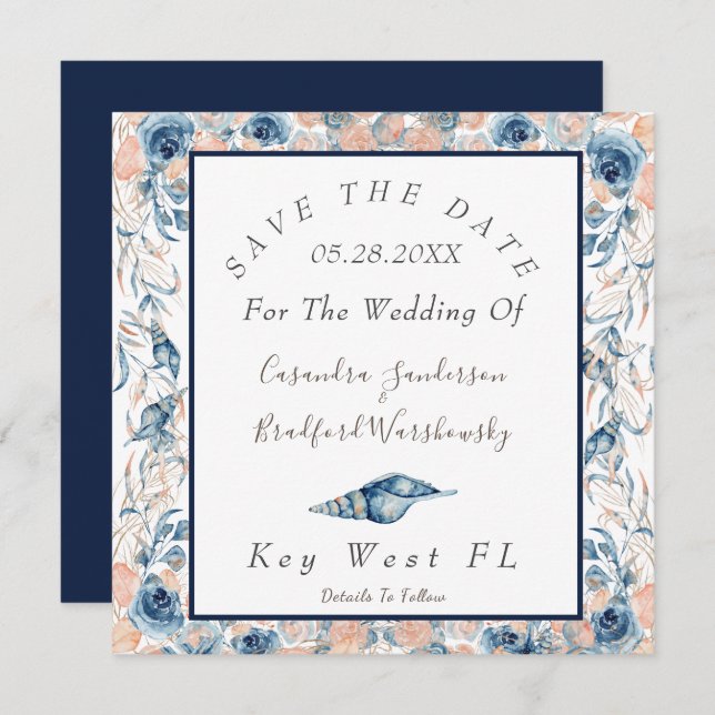 Save The Date Mariage nautique Aquarelle  Roses (Devant / Derrière)