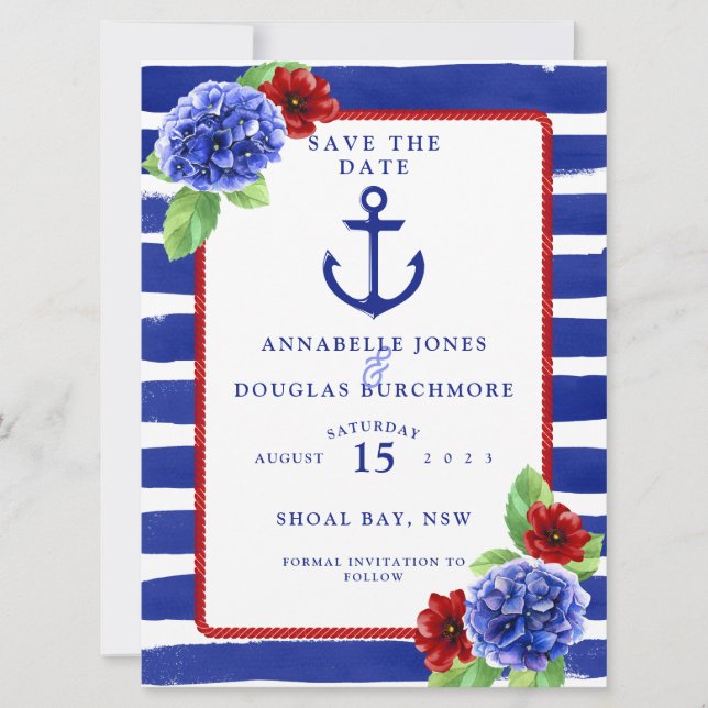 Save The Date Mariage Nautique Bleu Rouge Hydrangée Enregistrer  (Devant)