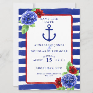 Save The Date Mariage Nautique Bleu Rouge Hydrangée Enregistrer