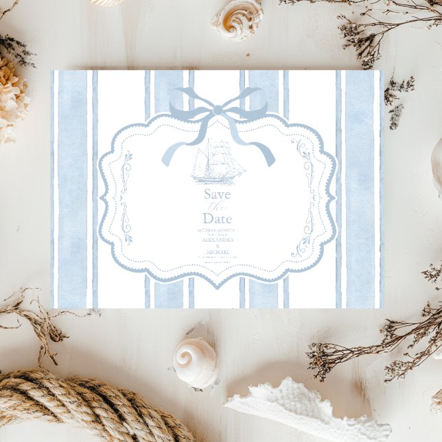 Save The Date Mariage nautique Marine White Stripes Bateau (Créateur téléchargé)