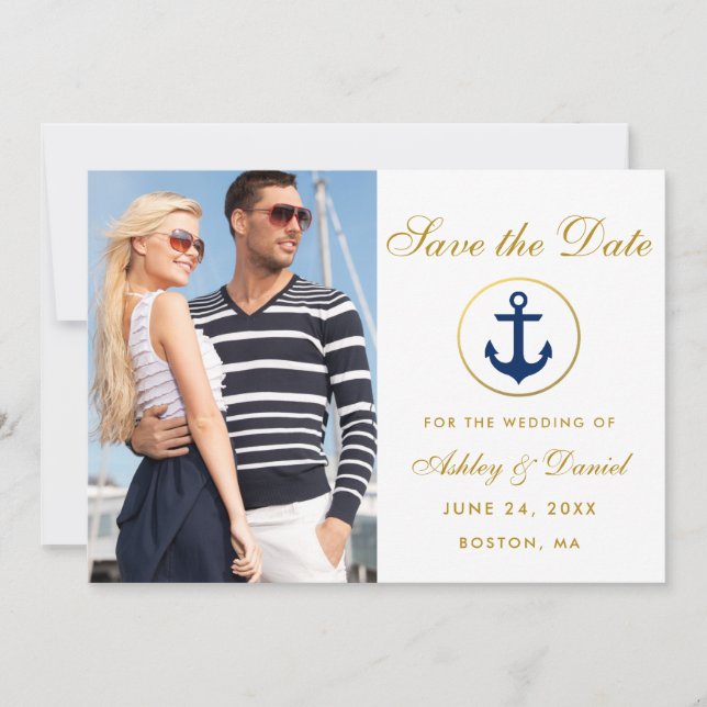 Save The Date Mariage Nautique Or Bleu Enregistrer La Date Photo (Devant)
