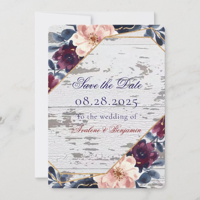 Save The Date Mariage Navy Bourgogne Fuschia Pivoine (Devant)