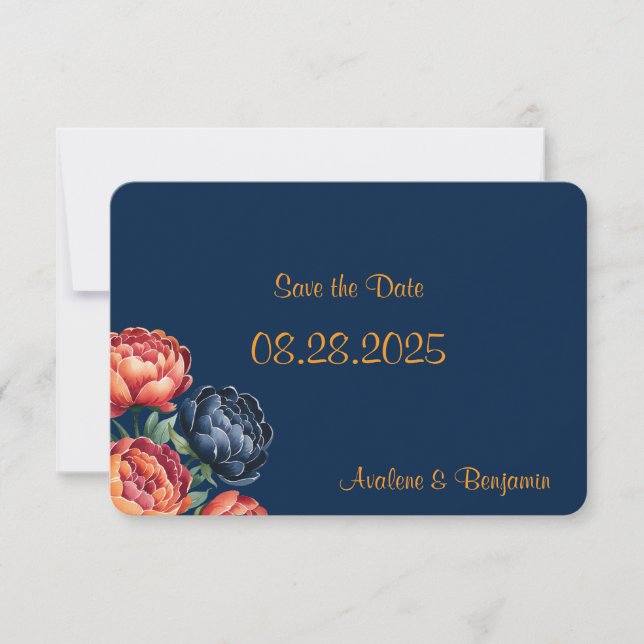 Save The Date Mariage Navy et Pivoine Orange (Devant)