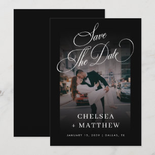 Save The Date Mariage noir élégant vintage avec écriture et phot