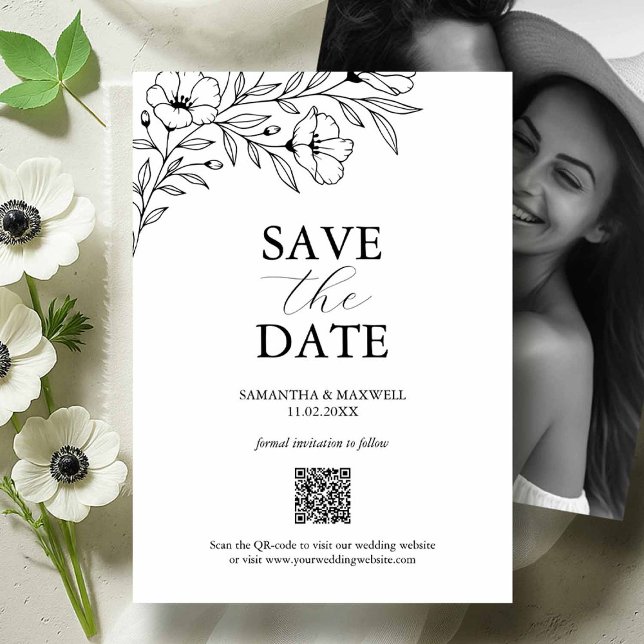 Save The Date Mariage noir et blanc Enregistrer les dates avec p (Black and white photo save the dates floral line art by Victoria Grigaliunas of Do Tell A Belle)