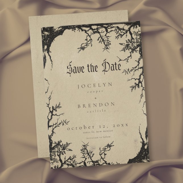Save The Date Mariage noir et marron Gravure d'arbre corbeau got (Gothic Raven Tree Engraving Black Tan Wedding Save The Date)