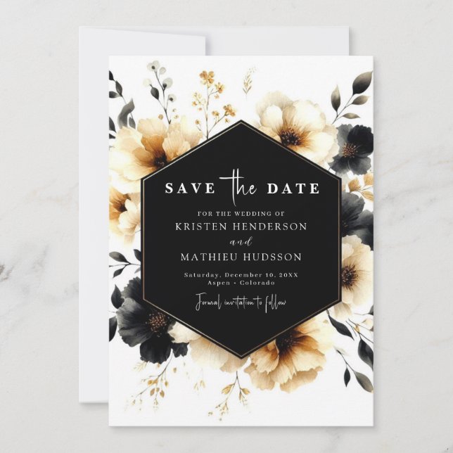 Save The Date Mariage noir et or non photo unique (Devant)