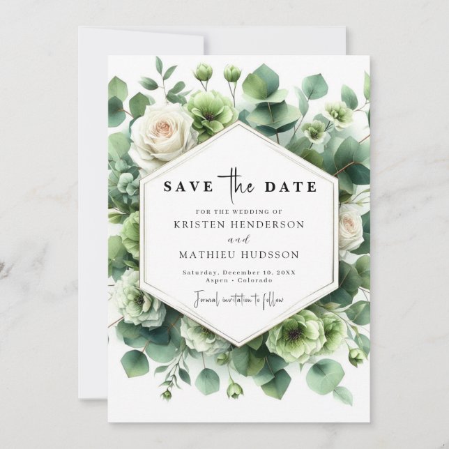 Save The Date Mariage numérique à feuilles romantiques Eucalyptu (Devant)