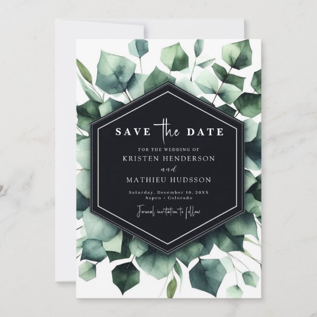 Save The Date Mariage numérique chic et moderne à l'eucalyptus (Devant)