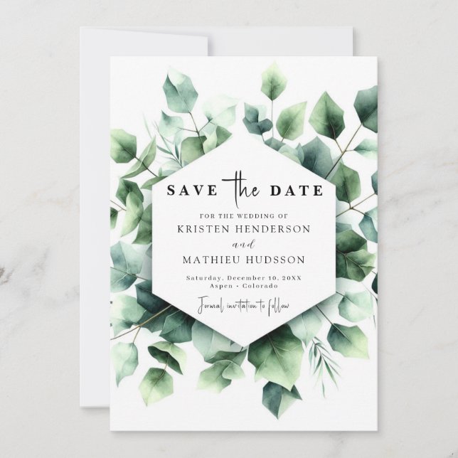 Save The Date Mariage numérique Eucalyptus couleur Aquarelle Chi (Devant)