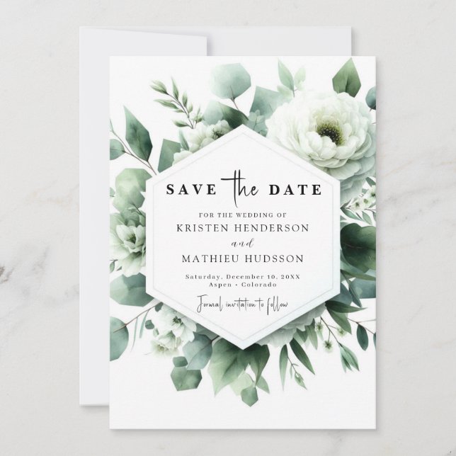 Save The Date Mariage numérique Eucalyptus couleur Aquarelle Chi (Devant)