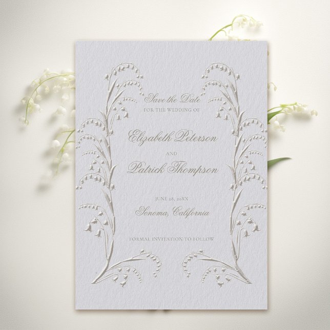 Save The Date Mariage officiel de Faux Embossé Lily Valley Ivory (formal wedding save the date classic traditional faux embossed lily of the valley frame ivory)
