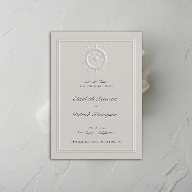 Save The Date Mariage officiel de Helm Ivory de bateau nautique  (coastal nautical wedding save the date faux embossed boat helm double frame modern classic navy )