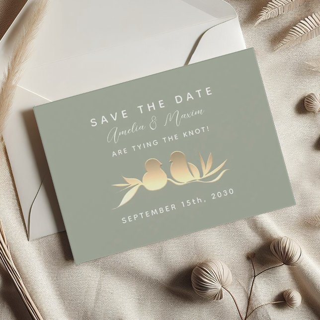 Save The Date Mariage Oiseaux de l'Amour Vert Sauge et Or (Créateur téléchargé)