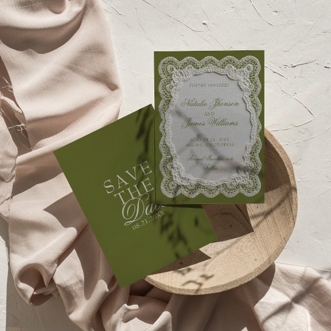 Save The Date Mariage Olive Vert Papier Dentelle Doily Ancienne  (Créateur téléchargé)