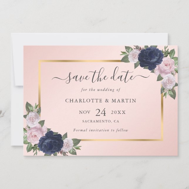 Save The Date Mariage or bleu bleu bleu rose bleu marine (Devant)