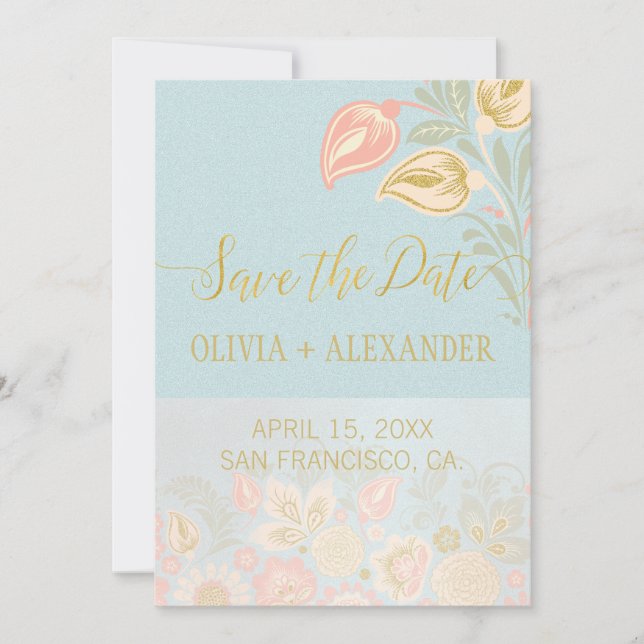 Save The Date Mariage Or Pastel Pêche Fleurs Printanières Bleu C (Devant)
