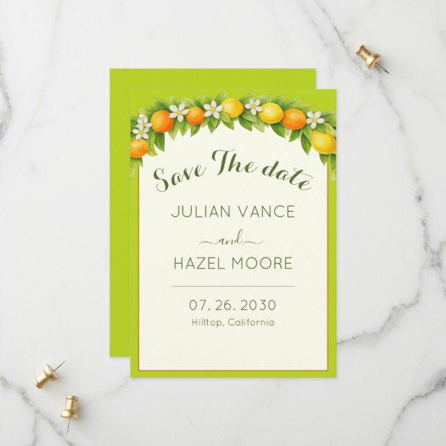 Save The Date Mariage Orange & Citron Jardin de Citronniers (Devant/Arrière en situation)