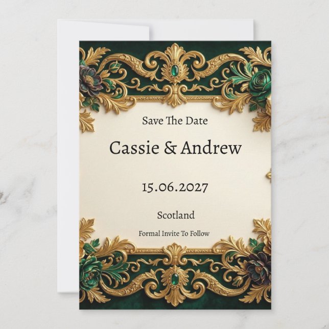 Save The Date Mariage Orné Vert Or (Devant)