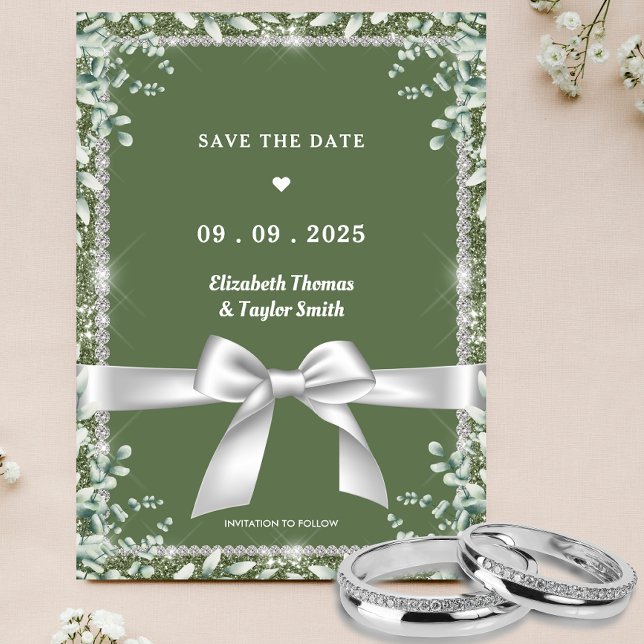 Save The Date Mariage Paillettes Eucalyptus Vert Sauge Moderne (Créateur téléchargé)