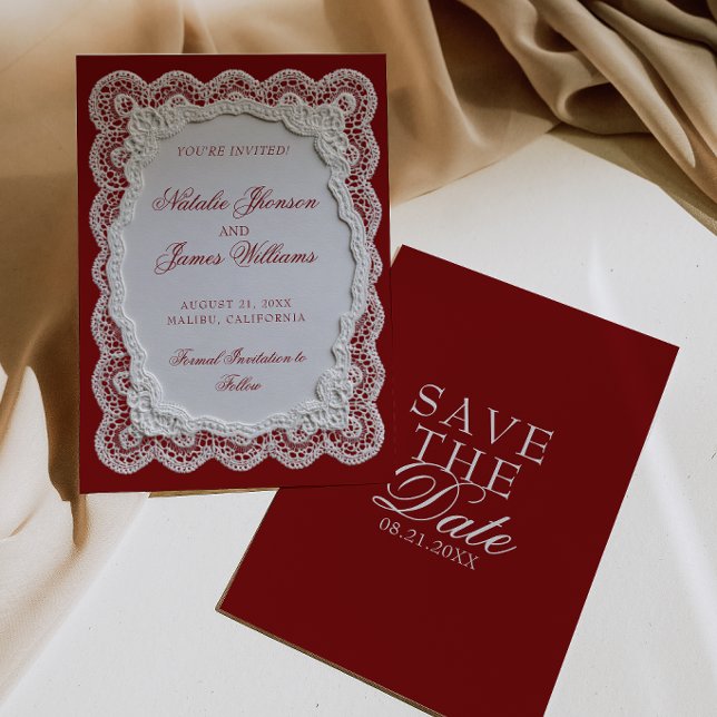 Save The Date Mariage papier blanc dentelle de Bourgogne Argent  (Créateur téléchargé)