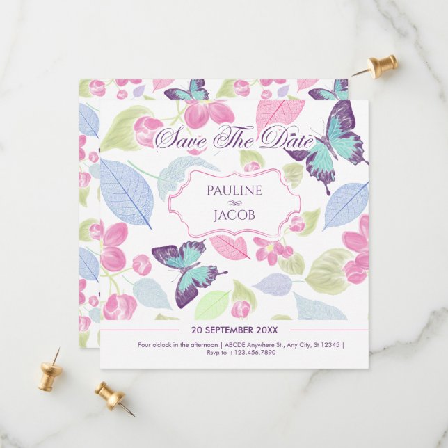 Save The Date Mariage papillons feuilles vert rose pastel doux  (Devant/Arrière en situation)