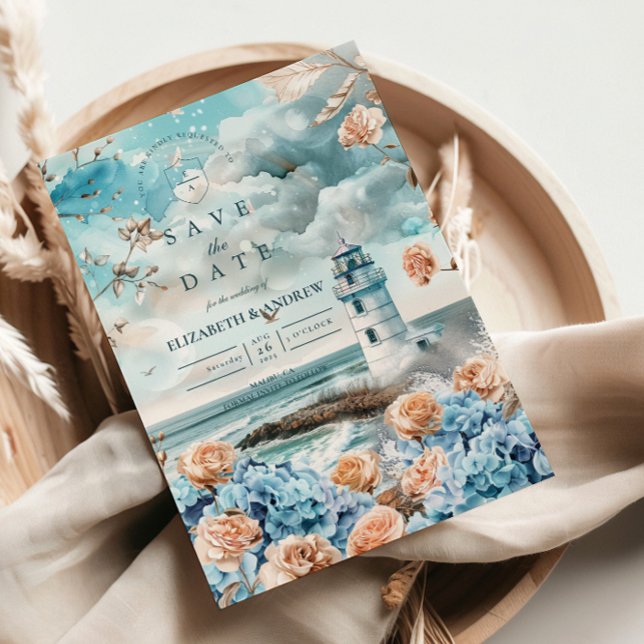 Save The Date Mariage Pastel de Phare Côtiers et Océan (Créateur téléchargé)