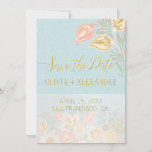 Save The Date Mariage Pastel Péché Or Floral Printemps Bleu Clai