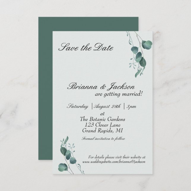 Save The Date Mariage Pastel Sage Green Eucalyptus (Devant / Derrière)