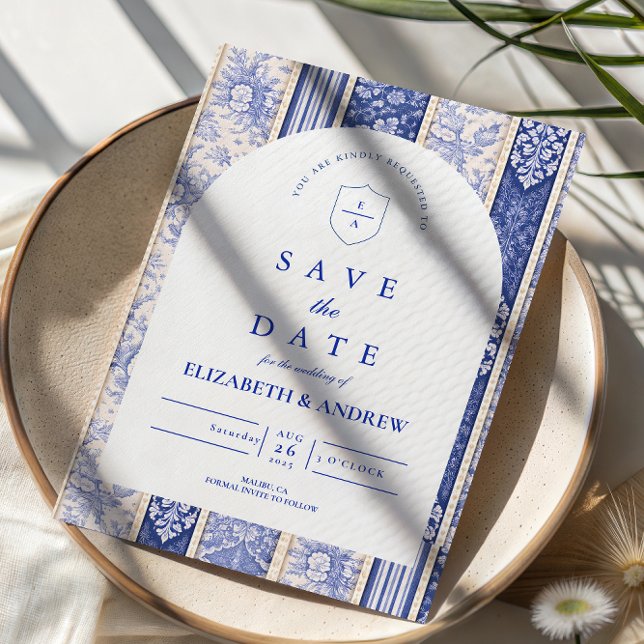 Save The Date Mariage Patchwork de Carreaux de Delft Bleu (Créateur téléchargé)