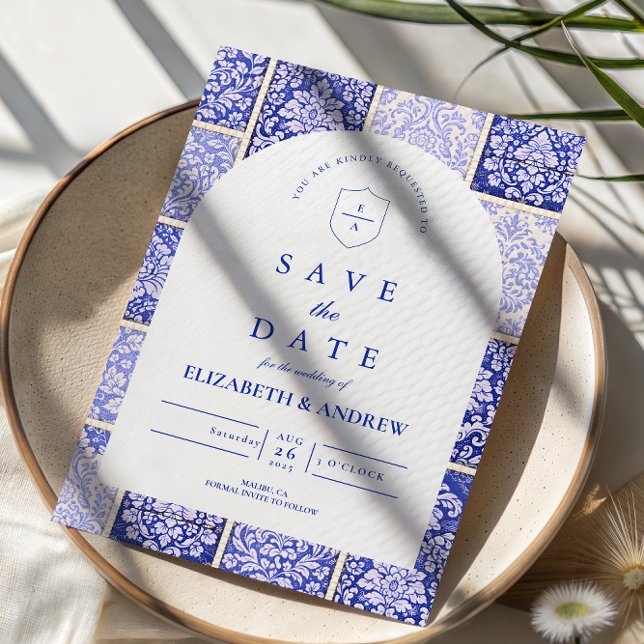 Save The Date Mariage Patchwork Porcelaine Bleu Classique (Créateur téléchargé)