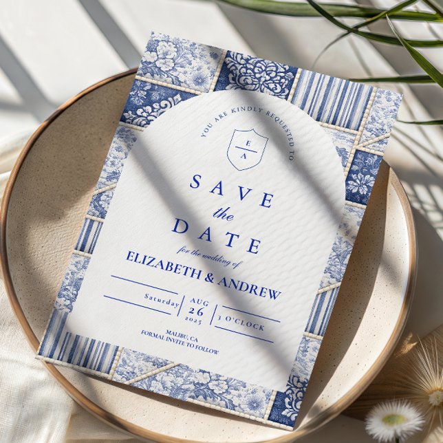 Save The Date Mariage Patchwork Toile de Delft Bleu (Créateur téléchargé)