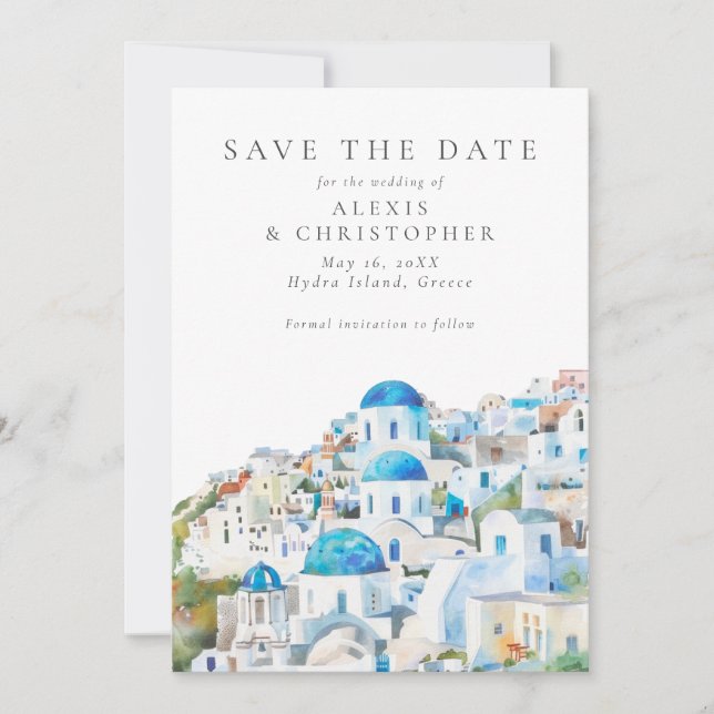 Save The Date Mariage Paysage Méditerranéen Bleu & Blanc (Devant)