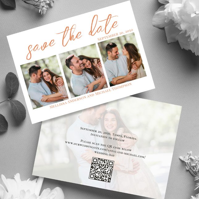 Save The Date Mariage Peach Script Enregistrer la date de plusie (Wedding save-the-date photo card with a scannable QR code. )