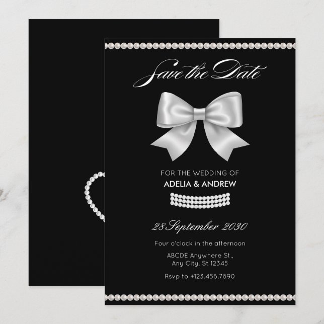 Save The Date Mariage perle noire ruban doux (Devant / Derrière)