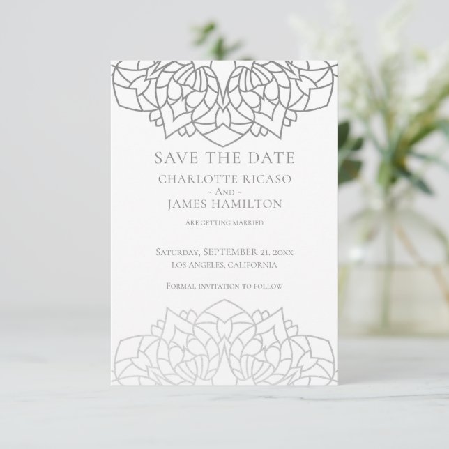 Save The Date Mariage personnalisé motif mandala gris argent (Debout devant)