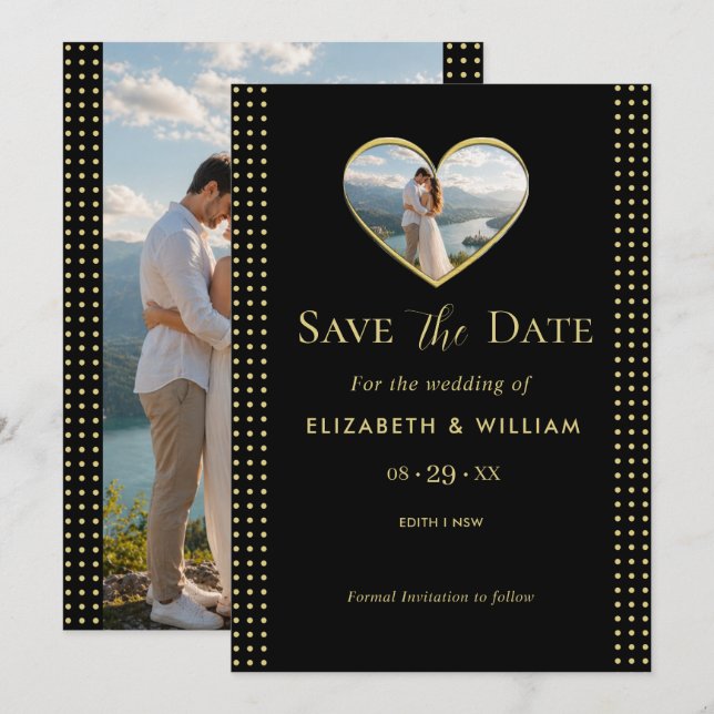 Save The Date Mariage personnalisé pois dorés et noirs (Devant / Derrière)