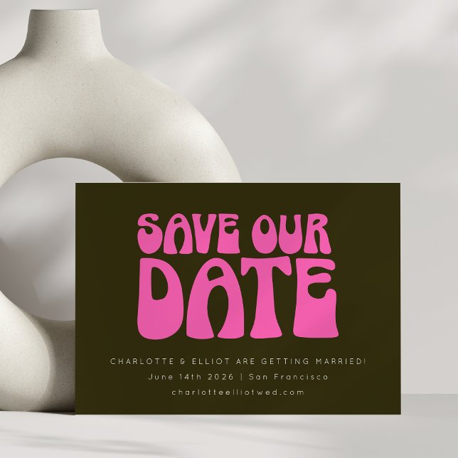 Save The Date Mariage personnalisé rose et vert chaud Rétro Groo (Créateur téléchargé)