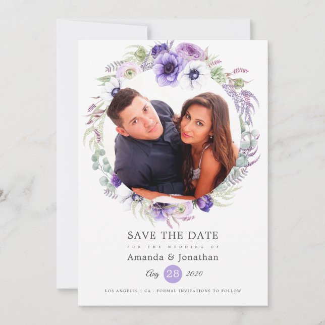 Save The Date Mariage photo à l'aquarelle pastel violet poussiér (Devant)