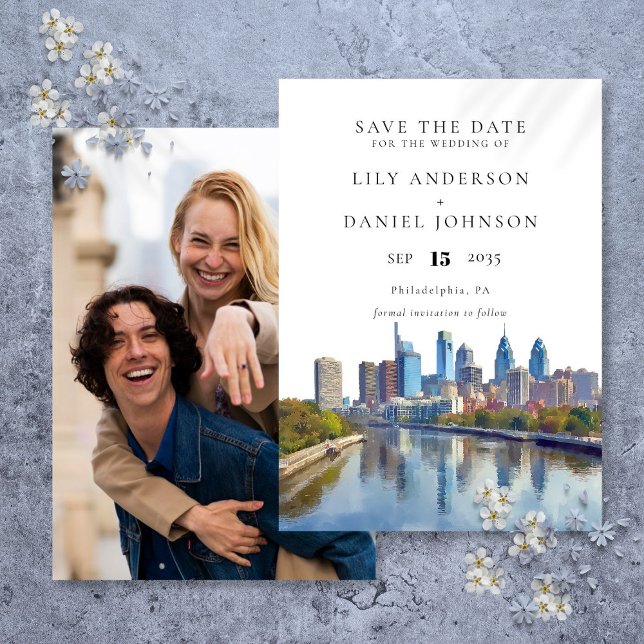 Save The Date Mariage photo aquarelle de la skyline de Philadelp (Philadelphia Skyline Watercolor Photo Wedding Save The Date)
