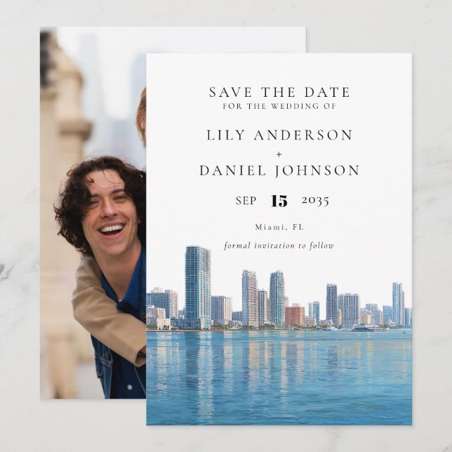 Save The Date Mariage Photo Aquarelle Skyline de Miami (Devant / Derrière)