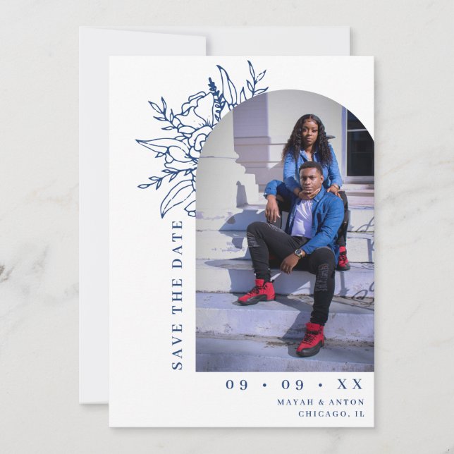 Save The Date Mariage photo Arc floral bleu et blanc (Devant)