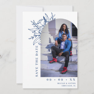 Save The Date Mariage photo Arc floral bleu et blanc
